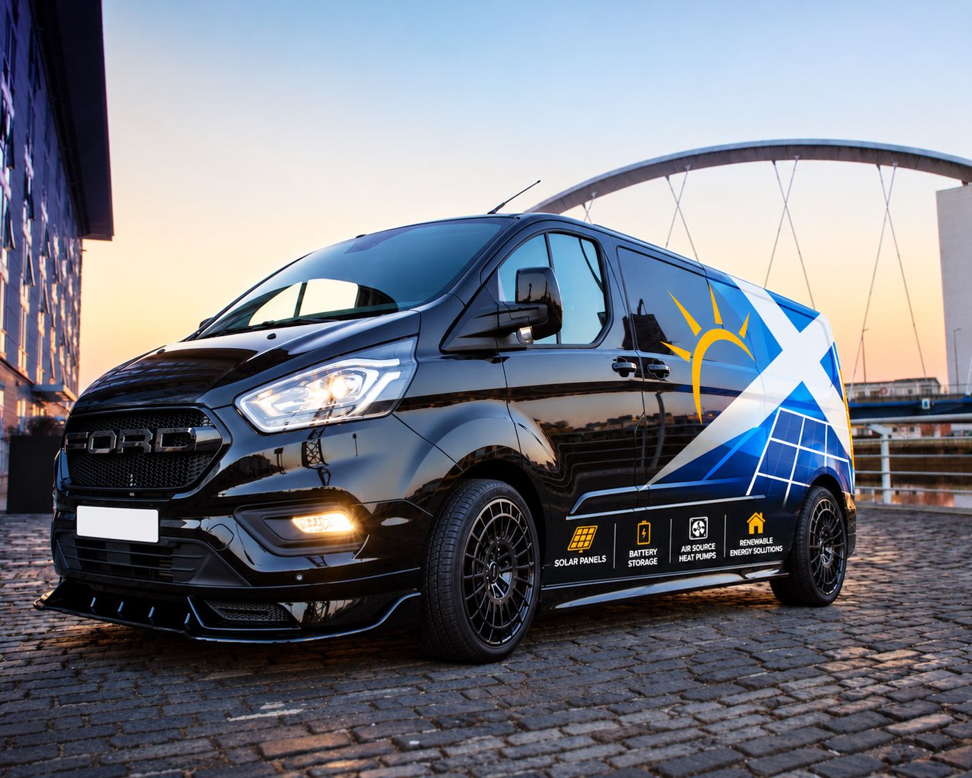 Solar & Storage (Scotland) branded van on the Glasgow riverside